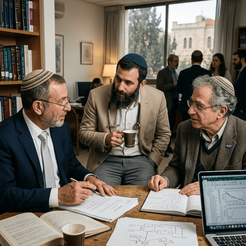Three men discussing documents and data around a table