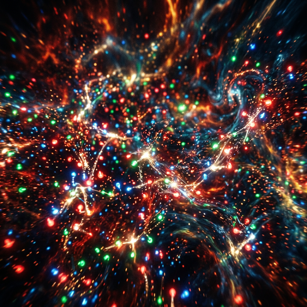 Swirling multicolored lights connected by bright threads on a dark background